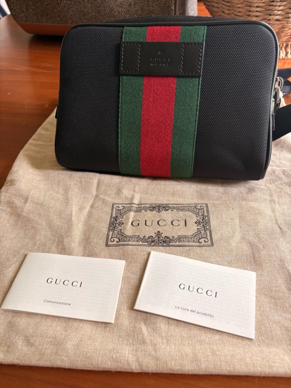 Gucci Black Belt Bag Crossbody Pouch with Green & Red Web Stripe